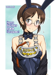 Rule 34 | 1girl, adapted costume, alternate costume, animal ears, between breasts, birthday, black bow, black bowtie, black collar, black shirt, blue leotard, blush, bow, bowtie, breasts, brown eyes, brown hair, chain, chain necklace, character name, cleavage, closed mouth, clothes pull, collar, commentary, dated, detached collar, english text, fake animal ears, flying sweatdrops, girls und panzer, glasses, gorget, happy birthday, jewelry, leotard, looking at viewer, medallion, medium breasts, necklace, oosaka kanagawa, playboy bunny, rabbit ears, rimless eyewear, round eyewear, sasagawa kanon, shirt, shirt pull, short hair, smile, solo, strapless, strapless leotard, whistle