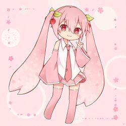 Rule 34 | 1girl, :3, blush stickers, boots, cherry hair ornament, collared shirt, detached sleeves, food-themed hair ornament, full body, hair ornament, hatsune miku, highres, index finger raised, long hair, long sleeves, necktie, pink eyes, pink hair, rageno0000, sakura miku, shirt, skirt, solo, thigh boots, twintails, very long hair, vocaloid