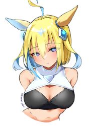 Rule 34 | 1girl, ahoge, bare shoulders, blonde hair, blue eyes, blue hair, breasts, cleavage, colored inner hair, commentary request, crop top, cropped torso, hair between eyes, hair ornament, highres, komb, large breasts, looking at viewer, midriff, multicolored hair, neo universe (umamusume), parted lips, short hair, simple background, solo, stomach, umamusume, upper body, white background