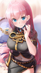 Rule 34 | 1girl, armband, bed, belt, black shirt, black skirt, blue eyes, blue nails, blurry, blurry background, blush, breasts, brooch, commentary, daidou (demitasse), duplicate, gold trim, hand on own cheek, hand on own face, hand up, headphones, headphones removed, highres, jewelry, large breasts, long hair, looking at viewer, megurine luka, nail polish, navel, pink hair, shirt, short sleeves, side slit, sitting, skirt, smile, solo, upper body, very long hair, vocaloid