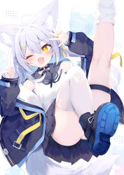 Rule 34 | 1girl, ;d, ahoge, animal ears, ass, black footwear, black jacket, black ribbon, black skirt, boots, breasts, commentary request, fangs, grey hair, grey sailor collar, hair between eyes, hair ornament, hairclip, heart, heart ahoge, highres, jacket, leg up, long hair, long sleeves, looking at viewer, neck ribbon, nibiiro shizuka, off shoulder, one eye closed, open clothes, open jacket, open mouth, original, panties, pleated skirt, puffy long sleeves, puffy sleeves, ribbon, sailor collar, shirt, shoe soles, single sock, single thighhigh, skindentation, skirt, sleeveless, sleeveless shirt, small breasts, smile, socks, solo, tail, thigh strap, thighhighs, thighhighs under boots, underwear, very long hair, white panties, white shirt, white socks, white thighhighs, yellow eyes