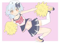 Rule 34 | 1boy, absurdres, animal ears, asymmetrical legwear, bad id, bad twitter id, black bow, black skirt, blue bow, blue hair, blush, bow, cheerleader, closed mouth, crossdressing, dog ears, donguri suzume, fang, full body, hair between eyes, hair bow, highres, inuyama tamaki, looking at viewer, male focus, mismatched legwear, navel, noripro, pink footwear, pom pom (cheerleading), single thighhigh, skin fang, skirt, sleeveless, smile, solo, striped, striped bow, thighhighs, trap, tsukudani norio channel, two side up, virtual youtuber, white thighhighs