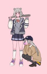 Rule 34 | 2girls, :/, alpaca opo, alternate costume, baseball bat, baseball cap, black skirt, black thighhighs, bow, bowtie, braid, brown cardigan, blowing bubbles, cardigan, cevio, chewing gum, collared shirt, commentary request, double bun, flipped hair, footwear bow, grey cardigan, grey hair, hair bun, hair ornament, hairclip, hands on own chin, hands up, hat, head rest, highres, holding, holding baseball bat, jacket, kizuna akari, kneehighs, koharu rikka, letterman jacket, loafers, long hair, long sleeves, looking at viewer, multiple girls, new york yankees, open clothes, open jacket, over shoulder, pink background, pink bow, pink bowtie, pleated skirt, purple bow, shirt, shoes, short hair, simple background, skirt, sneakers, socks, squatting, standing, synthesizer v, thighhighs, voiceroid, weapon, weapon over shoulder, white shirt, white socks