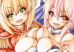 Rule 34 | 10s, 2girls, blonde hair, breast press, breasts, brown eyes, cleavage, fang, fate/extra, fate (series), graphite (medium), green eyes, large breasts, looking at viewer, marker (medium), millipen (medium), multiple girls, nero claudius (fate), nero claudius (fate), nero claudius (fate/extra), open clothes, open mouth, open shirt, pink hair, shirt, simple background, slit pupils, smile, symmetrical docking, tamamo no mae (fate/extra), traditional media, uneven eyes, upper body, white background, yutakasan-love