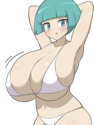 Rule 34 | 1girl, :o, aqua eyes, aqua hair, armpits, arms behind head, arms up, bikini, blunt bangs, blush, bob cut, breasts, cleavage, collarbone, creatures (company), female focus, game freak, highres, huge breasts, jaga334, looking at viewer, matching hair/eyes, navel, nintendo, open mouth, pokemon, pokemon dppt, short hair, simple background, solo, standing, stomach, swimsuit, team galactic, team galactic grunt, underboob, white background, white bikini
