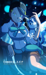 Rule 34 | 1girl, blue eyes, candice (pokemon), character name, creatures (company), english text, game freak, gen 4 pokemon, glaceon, hair ornament, hand on another&#039;s head, highres, jersey, looking at viewer, lying, nintendo, pokemon, pokemon (creature), pokemon dppt, ribbon, shirt, short twintails, skirt, smile, snow, text focus, twintails, vivivoovoo