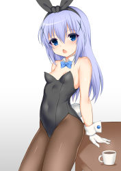Rule 34 | 1girl, animal ears, black leotard, blue bow, blue bowtie, blue eyes, blue hair, bow, bowtie, breasts, chestnut mouth, commentary request, cup, detached collar, fake animal ears, gloves, gochuumon wa usagi desu ka?, hair ornament, kafuu chino, leotard, light blue hair, long hair, looking at viewer, pantyhose, playboy bunny, rabbit ears, rabbit tail, simple background, small breasts, solo, strapless, strapless leotard, table, tail, toshishikisai, white background, white gloves, wrist cuffs, x hair ornament