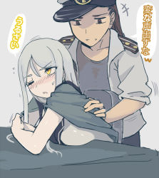 Rule 34 | 10s, 1boy, 1girl, abyssal admiral (kancolle), abyssal ship, admiral (kancolle), blush, breasts, brown eyes, brown hair, grey hair, hat, kantai collection, large breasts, long hair, massage, one eye closed, sailor collar, sweatdrop, ta-class battleship, walzrj, yellow eyes