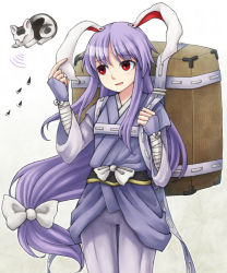 Rule 34 | 1girl, animal ears, box, carrying, cat, footprints, forbidden scrollery, long hair, low-tied long hair, purple hair, rabbit ears, red eyes, reisen udongein inaba, solo, touhou, very long hair, white background, ys (fall)