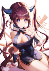 Rule 34 | 1girl, absurdres, bare shoulders, black dress, blunt bangs, blush, breasts, china dress, chinese clothes, cleavage, closed mouth, detached sleeves, dress, fate/grand order, fate (series), flute, folding fan, hair ornament, hand fan, highres, hyangu, instrument, large breasts, long hair, looking at viewer, pipa (instrument), purple eyes, purple hair, sidelocks, sitting, smile, solo, thighs, twintails, very long hair, yang guifei (fate), yang guifei (second ascension) (fate)