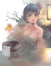 Rule 34 | 1girl, :d, absurdres, alternate hairstyle, asahi rokka, backlighting, bang dream!, bathing, blue hair, blush, branch, breasts, bucket, cleavage, collarbone, commentary request, completely nude, gradient background, green eyes, grey background, hair between eyes, hair bun, hair ornament, hair scrunchie, hand up, highres, lamp, large breasts, looking at viewer, monane4, navel, nude, onsen, open mouth, outdoors, partially submerged, red scrunchie, rubber duck, scrunchie, short hair, single hair bun, sitting, smile, solo, steam, stone, teeth, towel, upper teeth only, water, wet, wet hair, white background, wooden bucket