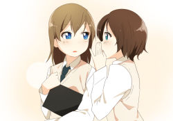 Rule 34 | 2girls, blue eyes, blush, brown hair, covering own mouth, green eyes, looking at another, multiple girls, necktie, open mouth, original, school uniform, short hair, sweater, whispering, yui 7