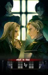 Rule 34 | 5boys, alternate universe, beard stubble, blonde hair, blue eyes, chinese commentary, copyright name, elbow rest, empty eyes, erwin smith, eye contact, facial hair, highres, lara tybur, levi (shingeki no kyojin), long hair, looking at another, luo jie, maid, male focus, mixed-language commentary, multiple boys, no eyes, shingeki no kyojin, short hair, sideways glance, smirk, split screen, standing, stubble, table, thick eyebrows, willy tybur, window