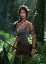 Rule 34 | 1girl, absurdres, arrow (projectile), bandaged leg, bandages, bare shoulders, blood, bow (weapon), breasts, brown eyes, brown hair, bruise, cleavage, closed mouth, dirty, highres, holding, holding weapon, injury, jewelry, jungle, lara croft, leaf, long hair, machete, nature, necklace, outdoors, qianyu mo, quiver, red lips, solo, sunlight, tank top, tomb raider, tomb raider (reboot), torn clothes, tree, watch, weapon