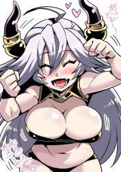 Rule 34 | 1girl, :d, ahoge, bouncing breasts, breasts, cleavage, closed eyes, granblue fantasy, horns, large breasts, long hair, navel, open mouth, silver hair, simple background, smile, solo, swimsuit, teeth, threo (granblue fantasy), tongue, tukiwani, white background