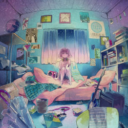 Rule 34 | 1girl, :o, bad id, bad pixiv id, bare legs, bed, bedroom, book, booota, cable, camera, cellphone, chair, charging device, clock, closed umbrella, curtains, doll, fisheye, guitar, headphones, highres, instrument, lamp, night, original, paper, phone, pink hair, poster (medium), poster (object), room, roomscape, short hair, solo, star (sky), trash can, umbrella, window, wire