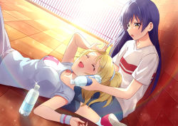 Rule 34 | 2girls, absurdres, ayase eli, blonde hair, blue hair, blush, bottle, bottle to cheek, closed eyes, commentary, highres, holding, holding bottle, lap pillow, long hair, looking at another, love live!, love live! school idol project, lying, multiple girls, nanatsu no umi, open mouth, outdoors, sitting, smile, sonoda umi, sportswear, swept bangs, wariza, water bottle, yellow eyes, yuri