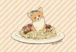 Rule 34 | animal focus, dog, food, food focus, meat, mojacookie, no humans, pasta, plate, signature, spaghetti, striped, striped background, twitter username, welsh corgi