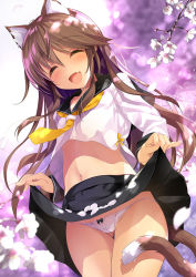 Rule 34 | 1girl, ^ ^, animal ears, black skirt, blush, bow, bow panties, brown hair, cat ears, cat girl, cat tail, closed eyes, clothes lift, commentary request, cowboy shot, crotch seam, fang, flower, gluteal fold, hair between eyes, highres, lifting own clothes, long hair, long sleeves, looking at viewer, midriff, navel, neckerchief, open mouth, original, outdoors, panties, pantyshot, petals, pleated skirt, sailor collar, school uniform, serafuku, skirt, skirt lift, smile, solo, standing, string panties, tail, thighs, underwear, uniform, white panties, yanagi yuu