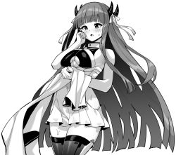 Rule 34 | 1girl, azur lane, azur lane: slow ahead, bare shoulders, blush, bow, breasts, cleavage, detached sleeves, emphasis lines, greyscale, hair bow, holding, holding towel, hori (hori no su), horns, ibuki (azur lane), long hair, medium breasts, midriff, monochrome, navel, official art, pleated skirt, skirt, sweat, thighhighs, towel, very long hair