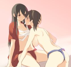 Rule 34 | 10s, 2girls, akagi (kancolle), arm support, ass, bad id, bad pixiv id, bandages, bandages around chest, blush, breasts, brown eyes, brown hair, collarbone, eye contact, face-to-face, fundoshi, hand on another&#039;s cheek, hand on another&#039;s face, hanging breasts, highres, japanese clothes, kaga (kancolle), kantai collection, kisetsu, large breasts, leaning forward, long hair, looking at another, mouth hold, multiple girls, open clothes, open mouth, open shirt, partially undressed, sarashi, shirt, short hair, shoulder blades, side ponytail, sideboob, sidelocks, sitting, smile, standing, topless, underwear, underwear only, untied, yuri