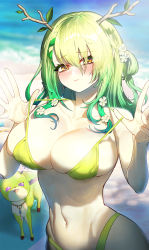 Rule 34 | 1girl, absurdres, antlers, beach, bikini, bikini pull, blurry, blurry background, blush, branch, breasts, ceres fauna, clothes pull, collarbone, day, deer, flower, ghdwid, green hair, hair flower, hair ornament, hands up, highres, hololive, hololive english, horns, large breasts, leaf, long hair, looking at viewer, mole, mole under eye, navel, nemu (ceres fauna), open hands, outdoors, pulled by self, raised eyebrows, stomach, strap pull, swimsuit, toned, virtual youtuber, wavy hair, yellow bikini, yellow eyes