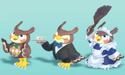Rule 34 | 1boy, alternate costume, animal crossing, bird, black eyes, blathers (animal crossing), blue background, blue bow, blush stickers, bow, bowtie, butler, closed eyes, cup, duster, enmaided, feather duster, formal, furry, green bow, highres, holding, holding tray, maid, maid headdress, multiple views, neocerapaima, nintendo, open mouth, owl, suit, teacup, tray