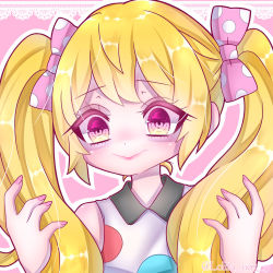 Rule 34 | 1girl, absurdres, animal crossing, blonde hair, blunt bangs, bow, chrissy (animal crossing), dress, hair bow, highres, humanization, lolita 1105 15, nail polish, nintendo, personification, pink eyes, polka dot, polka dot dress, solo, twintails, upper body
