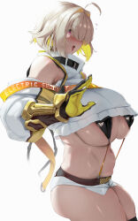 Rule 34 | 1girl, absurdres, ahoge, arm guards, belt, bikini, bikini under clothes, black bikini, blonde hair, blush, breasts, clothing cutout, crop top, crop top overhang, cropped sweater, elegg (nikke), gloves, goddess of victory: nikke, hair intakes, hair over eyes, highres, huge breasts, kurowa, large breasts, long bangs, long sleeves, micro shorts, midriff, multicolored hair, navel, open mouth, plump, purple eyes, short hair, shorts, shoulder cutout, smile, solo, stomach, sweater, swimsuit, thighs, v, white shorts, white sweater