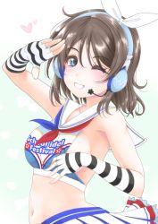 Rule 34 | 1girl, armpits, bare shoulders, blue eyes, blush, breasts, brown hair, elbow gloves, fingerless gloves, frapowa, from side, gloves, headset, heart, love live!, love live! school idol festival, love live! sunshine!!, medium breasts, midriff, navel, one eye closed, salute, short hair, sideboob, skirt, smile, solo, striped clothes, striped gloves, top pull, watanabe you