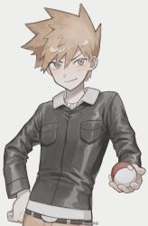 Rule 34 | 1boy, absurdres, belt, belt buckle, black belt, black jacket, blue oak, blush, brown eyes, brown hair, buckle, closed mouth, commentary, creatures (company), game freak, hair between eyes, hand on own hip, highres, holding, holding poke ball, jacket, jewelry, long sleeves, male focus, necklace, nintendo, pants, poke ball, poke ball (basic), pokemon, pokemon hgss, reguris, short hair, smile, solo, spiked hair, white background