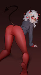 Rule 34 | 1girl, absurdres, all fours, black horns, black jacket, black suit, black tail, blush, breasts, business suit, closed mouth, curly hair, demon girl, demon horns, demon tail, formal, full body, h skimo, heart, heart-shaped pupils, helltaker, highres, horns, jacket, looking at viewer, looking back, medium breasts, medium hair, modeus (helltaker), no pants, pantyhose, red background, red eyes, red pantyhose, red sweater, ribbed shirt, shirt, short hair, simple background, small breasts, solo, suit, sweater, symbol-shaped pupils, tail, tail raised, turtleneck, white hair