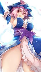 Rule 34 | 1girl, adapted costume, arm garter, arm up, armpits, blue hat, blue kimono, blush, breasts, center frills, commentary request, covered erect nipples, cowboy shot, detached sleeves, efe, eyes visible through hair, floral print, frills, gluteal fold, hair between eyes, hat, highres, hitodama, japanese clothes, kimono, long sleeves, looking at viewer, no panties, obi, open mouth, pink eyes, pink hair, purple sash, revision, saigyouji yuyuko, sash, short hair, sideboob, simple background, smile, solo, sparkle, standing, thighs, touhou, triangular headpiece, white background, wide sleeves