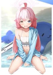 Rule 34 | 1girl, ahoge, barefoot, bikini, blue archive, blue eyes, blue jacket, frilled bikini, frills, halo, heterochromia, highres, hoshino (blue archive), hoshino (swimsuit) (blue archive), hozuka, inflatable toy, inflatable whale, jacket, long hair, low twintails, off shoulder, official alternate costume, open clothes, open jacket, pink hair, pink halo, sitting, solo, swimsuit, toes, twintails, white bikini, yellow eyes