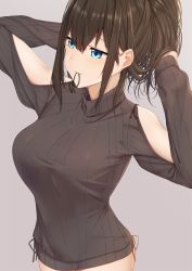 Rule 34 | 1girl, adjusting hair, arms behind head, arms up, bare legs, black hair, blue eyes, blush, breasts, fuurin restia, grey background, grey shirt, hair between eyes, hair tie, hair tie in mouth, hand in own hair, highres, idolmaster, idolmaster cinderella girls, large breasts, long sleeves, mouth hold, no pants, ribbed shirt, sagisawa fumika, shirt, sidelocks, simple background, solo, thighs, turtleneck