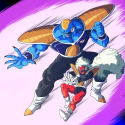 Rule 34 | 2boys, armor, blue skin, body armor, boots, burter, colored skin, dragon ball, dragonball z, energy beam, fangs, gloves, green eyes, height difference, highres, iron tonic, jeice, long hair, multiple boys, open mouth, red eyes, red skin, scouter, shinomiya akino, white hair