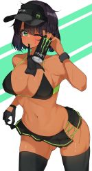 Rule 34 | 1girl, alternate costume, arm up, armpits, black hair, black one-piece swimsuit, blush, bob cut, breasts, can, cleavage, closed mouth, dark-skinned female, dark skin, drink, energy drink, eyelashes, female focus, girls und panzer, gloves, gluteal fold, green background, green eyes, green stripe, hat, highres, holding, holding drink, hoshino (girls und panzer), kshimu, large breasts, lifting own clothes, midriff, miniskirt, monster energy, navel, one-piece swimsuit, one eye closed, short hair, skirt, solo, swimsuit, thighhighs, thighs, white background