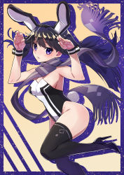 Rule 34 | 1girl, absurdres, adapted costume, animal ears, black hair, black thighhighs, breasts, cleavage, commentary request, cowboy shot, hasegawa (hase popopo), highres, kuroki rei, leotard, long hair, medium breasts, playboy bunny, print scarf, purple eyes, purple scarf, rabbit ears, rabbit pose, rabbit tail, scarf, solo, strapless, strapless leotard, tail, thighhighs, two-tone leotard, vividred operation, wrist cuffs