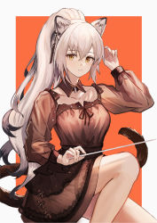 Rule 34 | 1girl, ambience synesthesia, animal ears, arknights, conductor baton, black dress, cat ears, cat tail, commentary, dress, ema (kuguiema), hair between eyes, hand up, holding, long hair, long sleeves, looking at viewer, official alternate costume, schwarz (arknights), silver hair, solo, tail, yellow eyes