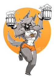 Rule 34 | 1girl, alcohol, ankle cuffs, arms up, bare shoulders, barrel, beer, beer mug, brand name imitation, breasts, cleavage, cup, employee uniform, furry, furry female, grey fur, grey hair, hair over one eye, highres, holding, holding cup, hooters, large breasts, long hair, midriff, mug, navel, no legwear, orange shorts, parody, print tank top, shaded face, sharp teeth, short shorts, shorts, solo, standing, standing on one leg, tank top, teeth, uniform, waitress, wolf girl, wrist cuffs, za1f0n