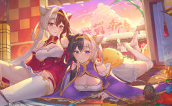 Rule 34 | 2girls, absurdres, architecture, asymmetrical legwear, azur lane, bare shoulders, blue eyes, breasts, chao ho (azur lane), cleavage, clothing cutout, dress, east asian architecture, framed breasts, gold hairband, hair horns, hairband, highres, hongshi (13234456009), indoors, looking at viewer, lying, manjuu (azur lane), medium breasts, miniskirt, multicolored hair, multiple girls, no shoes, on stomach, purple dress, purple eyes, purple hair, red dress, red hair, scroll, single sock, single thighhigh, sitting, skirt, smile, socks, soles, split-color hair, thighhighs, white hair, white skirt, wide sleeves, wooden floor, ying swei (azur lane)
