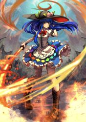 Rule 34 | 1girl, arm up, belt, black belt, black headwear, blue hair, blue skirt, blush, boots, bow, bowtie, brown footwear, buckle, buttons, center frills, closed mouth, flaming sword, flaming weapon, food, frills, fruit, fruit hat ornament, full body, hand on own hip, hand on own face, highres, hinanawi tenshi, holding, holding sword, holding weapon, knee boots, leaf, long hair, looking at viewer, peach, peach hat ornament, pigeon-toed, puffy short sleeves, puffy sleeves, rainbow order, red bow, red bowtie, red eyes, red ribbon, ribbon, rope, short sleeves, skirt, smile, solo, standing, star (symbol), sword, sword of hisou, tassel, teo (telo ruka), touhou, weapon, wing collar