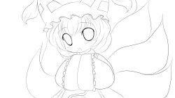 Rule 34 | 1girl, absurdres, blush, chibi, female focus, fox tail, greyscale, hands in opposite sleeves, hat, hat with ears, highres, looking at viewer, monochrome, multiple tails, open mouth, short hair, solo, tail, touhou, transparent background, yakumo ran, yume shokunin