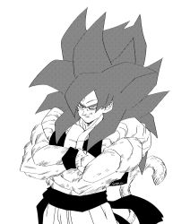 Rule 34 | bare arms, bare pectorals, body fur, crossed arms, dragon ball, dragon ball gt, fenyon, fusion, gogeta, greyscale, highres, male focus, metamoran vest, monkey boy, monkey tail, monochrome, muscular, muscular male, obi, pants, pectorals, sash, signature, simple background, smirk, smug, solo, spiked hair, super saiyan, super saiyan 4, tail, white background, white pants