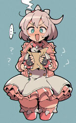 ... 1girl ? @_@ black_gloves black_shorts blush bob_cut dress elphelt_valentine embarrassed fingerless_gloves gloves green_eyes grey_hair guilty_gear guilty_gear_strive highres itsuka_neru looking_at_viewer open_mouth short_dress short_hair shorts shorts_under_dress solo speech_bubble spoken_ellipsis