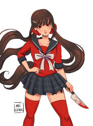 Rule 34 | 1girl, blunt bangs, brown hair, collarbone, commentary, danganronpa (series), danganronpa v3: killing harmony, english commentary, hair ornament, hair scrunchie, hairclip, hand on own hip, harukawa maki, highres, holding, holding knife, knife, long hair, looking at viewer, low twintails, missarilicious, mole, mole under eye, plaid, plaid skirt, pleated skirt, red eyes, red scrunchie, red shirt, red thighhighs, school uniform, scrunchie, serafuku, shirt, simple background, sketch, skirt, sleeves past elbows, solo, standing, thighhighs, twintails, very long hair, weapon, white background, zettai ryouiki