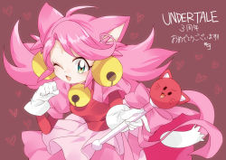 Rule 34 | 1girl, absurdres, animal ears, bell, cat ears, fang, gloves, green eyes, highres, mad mew mew, magical girl, pink hair, staff, undertale, white gloves, wink