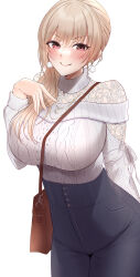 Rule 34 | 1girl, absurdres, amaya (amaya sakuratei), aran sweater, bag, blush, breasts, brown hair, cable knit, denim, earrings, furen e lustario, grey pants, hair over shoulder, hand on own chest, handbag, high-waist pants, highres, jeans, jewelry, large breasts, long hair, long sleeves, looking at viewer, necklace, nijisanji, off-shoulder sweater, off shoulder, official alternate costume, pants, pom pom (clothes), pom pom earrings, red eyes, simple background, smile, solo, sweater, virtual youtuber, white background, white sweater
