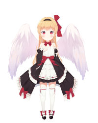 Rule 34 | 1girl, aak, absurdres, bad id, bad pixiv id, black dress, black footwear, black hairband, black sleeves, blonde hair, blush, bow, character request, closed mouth, commission, detached sleeves, dress, dungeon and fighter, feathered wings, frilled dress, frilled sleeves, frills, full body, hair bow, hairband, highres, juliet sleeves, long hair, long sleeves, looking at viewer, puffy sleeves, red bow, red eyes, red ribbon, ribbon, shoes, simple background, sleeves past wrists, solo, standing, strapless, strapless dress, thighhighs, very long hair, white background, white thighhighs, white wings, wide sleeves, wings