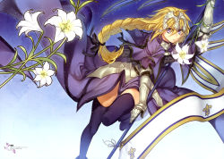 Rule 34 | 1girl, absurdres, armor, armored dress, blonde hair, braid, dress, fate/apocrypha, fate (series), flag, flower, gauntlets, hair between eyes, headpiece, highres, jeanne d&#039;arc (fate), jeanne d&#039;arc (ruler) (fate), leg up, lily (flower), long hair, parted lips, polearm, purple eyes, purple thighhighs, sky sphere, solo, thighhighs, weapon